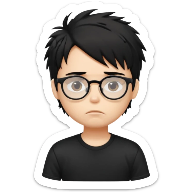 generate a pretty bratz fair skinned boy with black messy hair wearing a black tshirt looking bored n tired. Glasses on sticker
