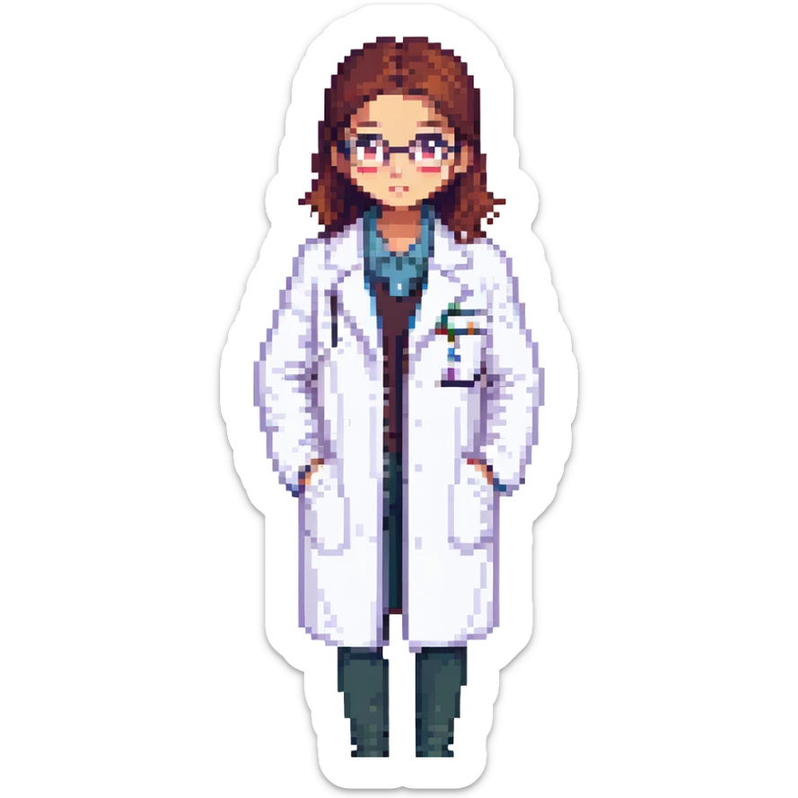 A researcher in a white coat sticker