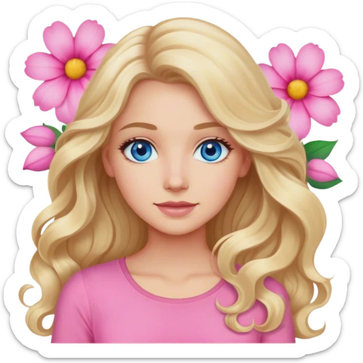 Blonde blue eyed women with long wavy hair pink flower background pink top sticker