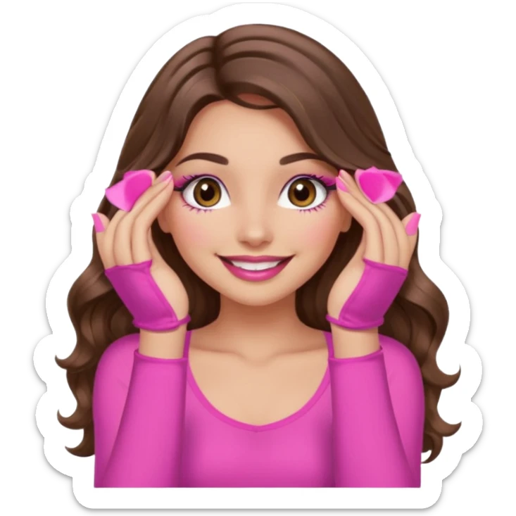 girl with long wavy brown hair, brown eyes, long lashes, sexy pink lips, light to medium complexion, wearing a pink sexy top, smiling, hands covering the eyes sticker