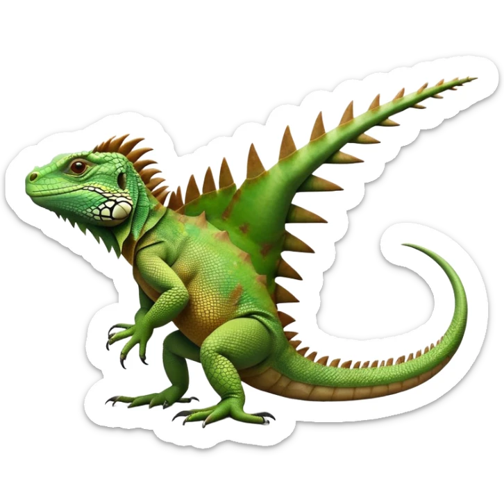 cinematic-iguana-realistic-full-body-basking-emoji,-long-scaly-body-stretched-out,-spiny-ridge-running-down-its-back,-textured-green-and-brown-skin-dappled-with-light,-sharp-intelligent-eyes-studying-the-surroundings sticker