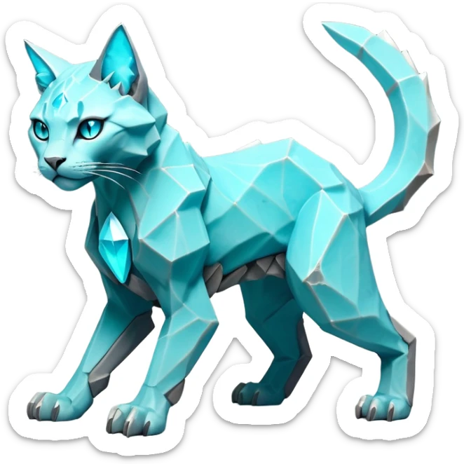 This fascinating hybrid creature combines the rocky ferocity of Boulderbite with the mystical elegance of Etherfeline. The result is a creature with a core body composed of angular, faceted stones in varying shades of turquoise and gray. From the cracks between these stones emanates a soft blue ethereal glow. It has the general shape of a feline, but with crystalline rock formations creating its limbs and body. Its large, expressive eyes feature purple irises with amber outer rings, giving it a hypnotic gaze. The creature sports pointed ears lined with purple crystal formations, and a tuft of blue flame-like energy flows from its head and along its spine. Its tail is a flexible chain of smaller rocks wrapped in the same ethereal blue energy. When it opens its mouth, sharp crystalline teeth are revealed, though its expression is more mysterious than threatening. Small whisker-like energy tendrils extend from its muzzle, occasionally emitting tiny ice crystals. full body sticker