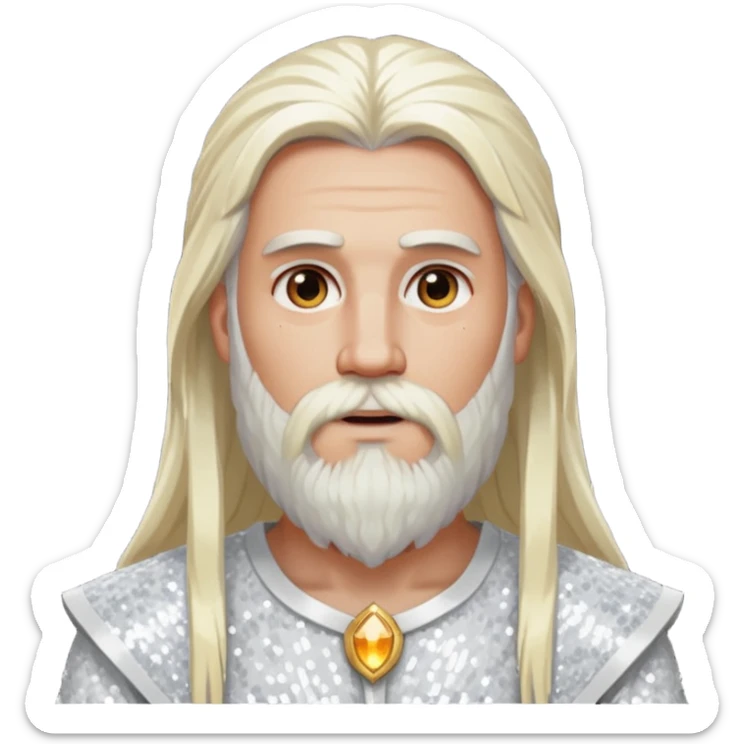 Baldr, God of Light with long white blonde hair and beard, white sequin outfit sticker