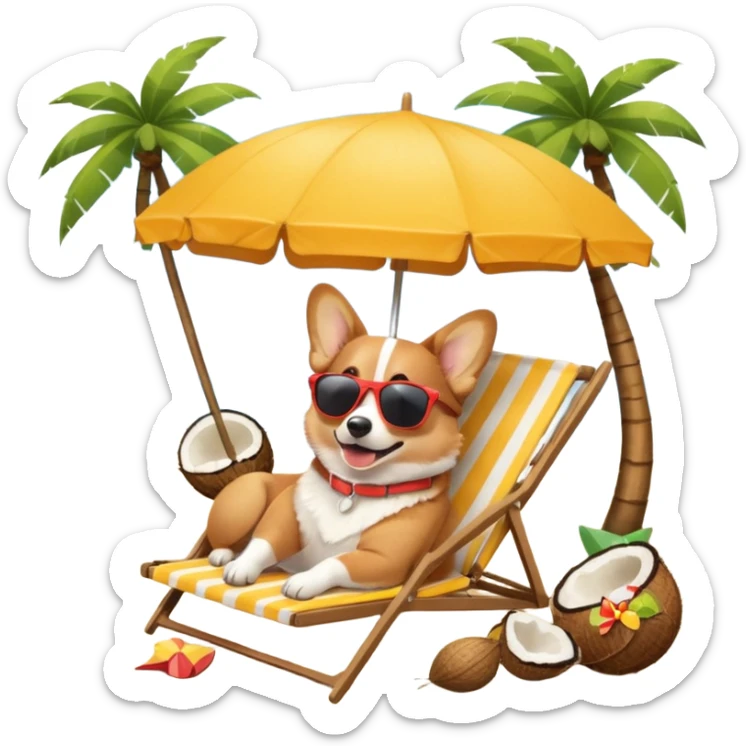 a corgi dog laied on a beach chair, a sunny beach, a sun umbrella, and beach coconut trees. the icon should capture the essence of a relaxing beach vacation with a carefree atmosphere sticker