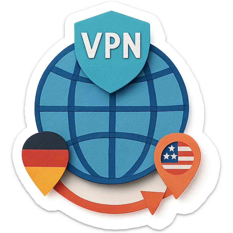 VPN globe icon showing a connection from Germany to the USA, paper craft style, no text, suitable for Instagram Reel sticker