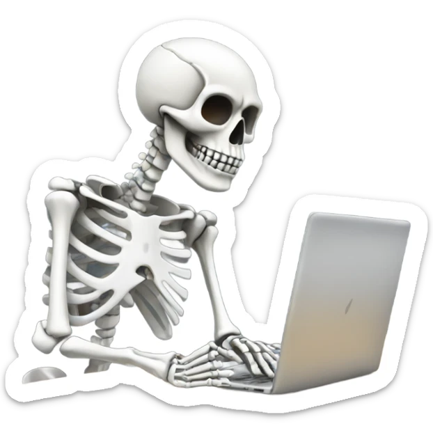 Skeleton working on laptop with desk sticker