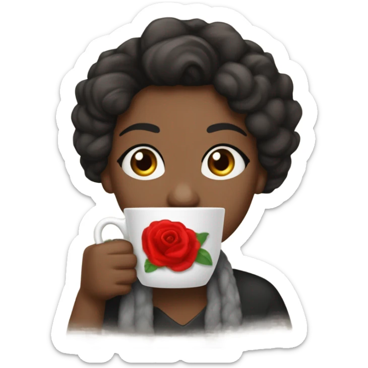 Una mujer ojos grande cabellos negro hasta los hombres gran sonrisa suéter blanco una bufanda roja tez clara y bebiendo una taza de café  sticker