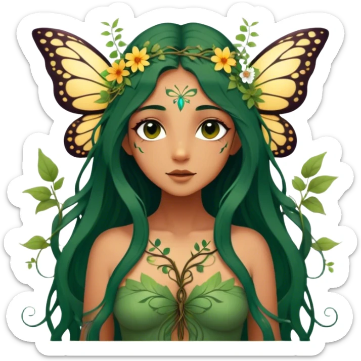 Cinematic Realistic Forest Nymph Fairy Portrait, depicted with lifelike, sun-kissed tanned skin that radiates an earthy glow, softly illuminated by natural, dappled light. Her long, flowing dark green hair is intricately detailed and interwoven with delicate vines and wildflowers, while her deep, soulful eyes mirror the wisdom of the forest. Dressed in an attire inspired by nature’s palette—with subtle botanical motifs—the portrait exudes a soft, enchanted glow that melds realism with woodland magic showing her large butterfly wings. sticker