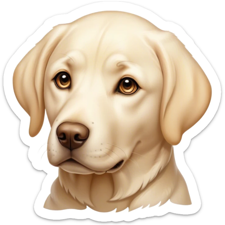 Cinematic Noble Cream Labrador Portrait Emoji, Poised and regal, with a strong, athletic build and a smooth, well-groomed cream Fur, deep-set soulful warm eyes, Simplified yet sharp and sophisticated features, highly detailed, glowing with a soft, dignified glow, high shine, intelligent and gentle, stylized with an air of grace, focused and attentive, soft glowing outline, capturing the essence of a watchful and loving companion, so majestic it feels as though it could bound out of the screen with effortless authority! sticker