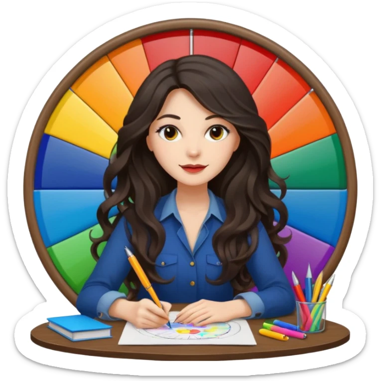 female dark wavy long hair graphic designer , big color wheel behind , pens, papers, desktop sticker