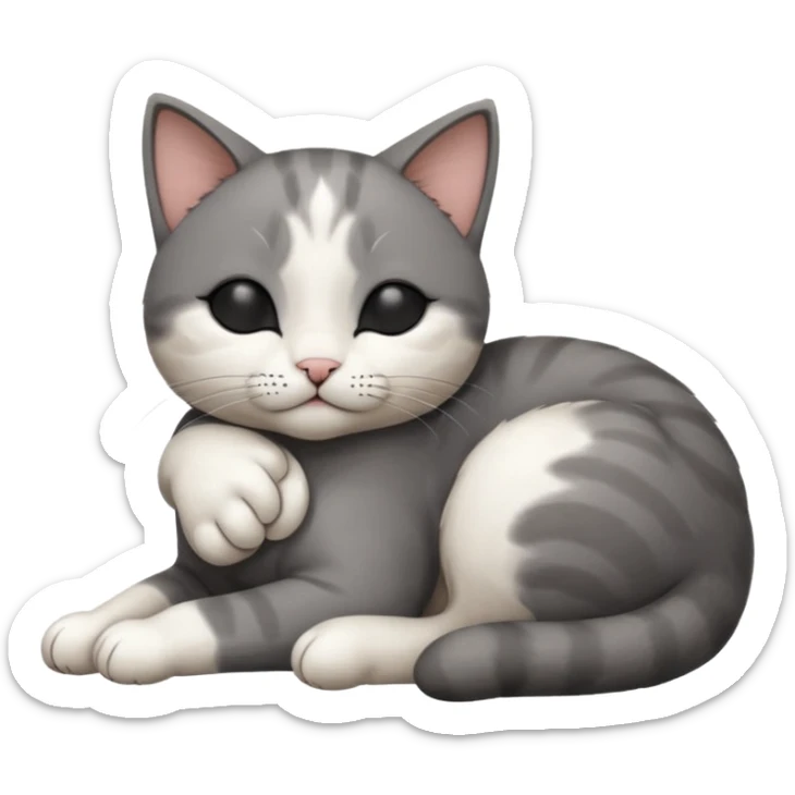dark grey and white small cat with his eyes closed leaning his head on his paw while leaning on his elbow lying down sticker