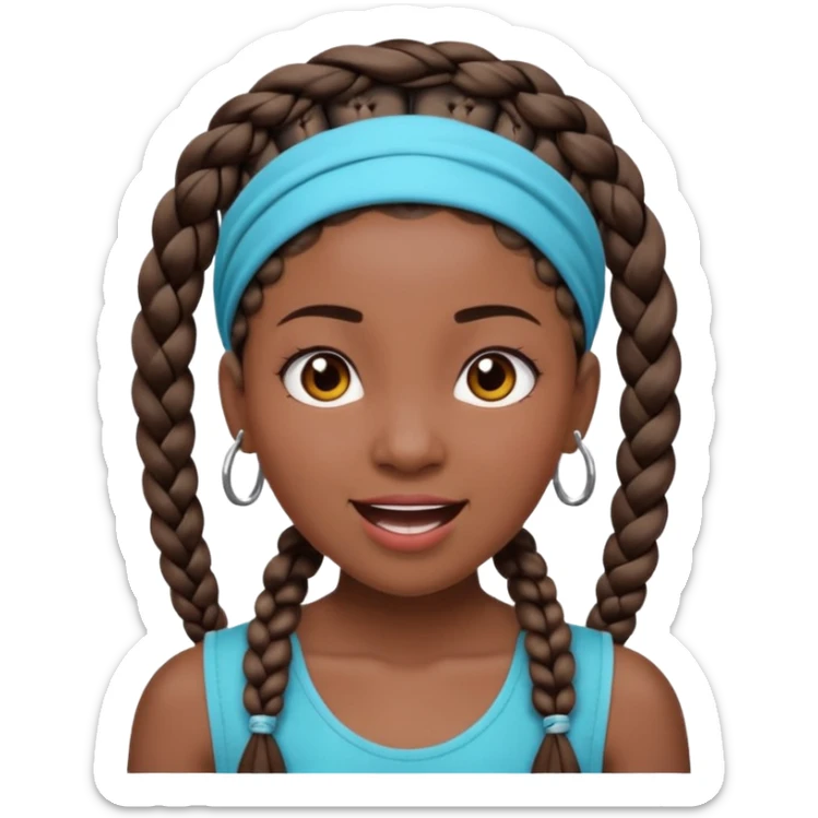 big lose braids starting from the top of the head woman face wiith big visible braids and mono color headband on head excited face and braids as big as headband and lots and lots of piercings sticker