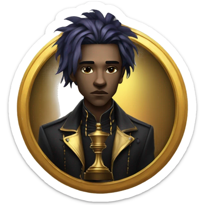 Hamlet young skinny sad man iridescent hair wearing raven feathers with a gilded hourglass and golden flames yin yang chess board sticker