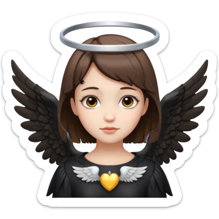 gothic girl with fair skin and short brown hair, angel wings and a halo, modern emoji style sticker