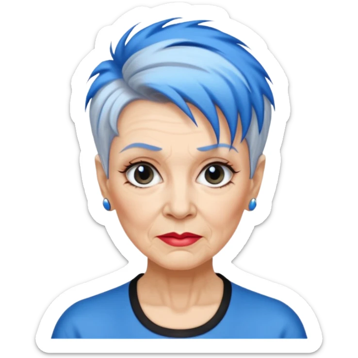 reife frau, achtzigJahre alt kein kind! freche extreme schwarze Kurzhaarfrisur eine Seite wirklich fast keine Haare andere Seite mit blauer Strähne kurze Seite noch viel kürzer sticker