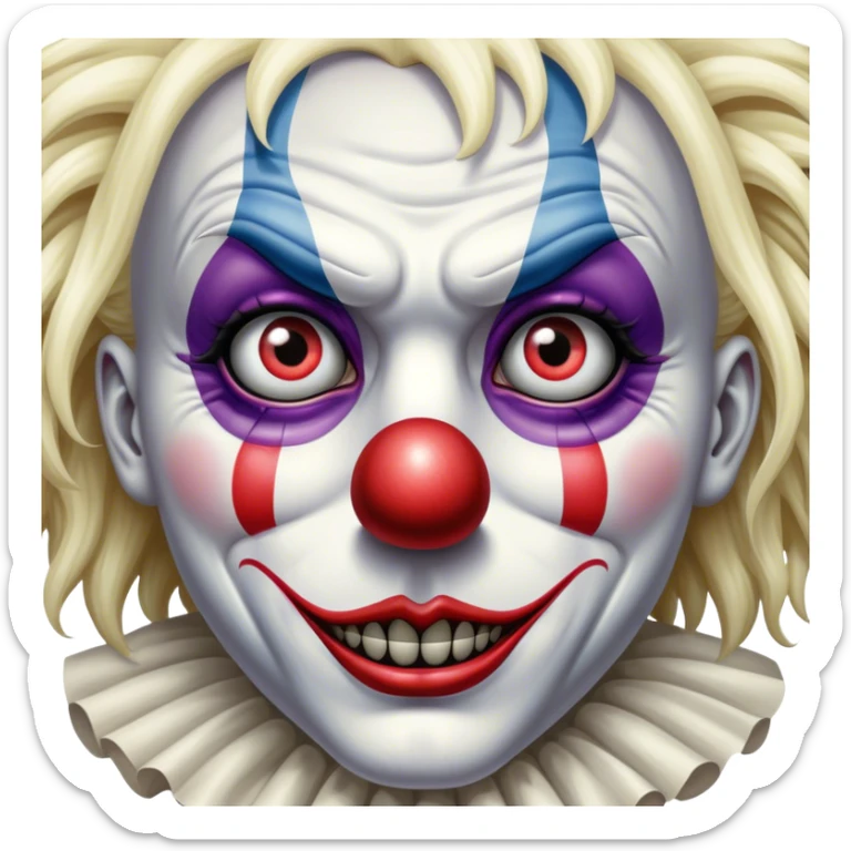 Extremely detailed image of a terrifyingly creepy clown, each lash, eye, and hair is shown in stunning detail as though captured in a timeless photograph, rich textures, visually rich, so lifelike that it feels like it could leap off the page at any moment sticker