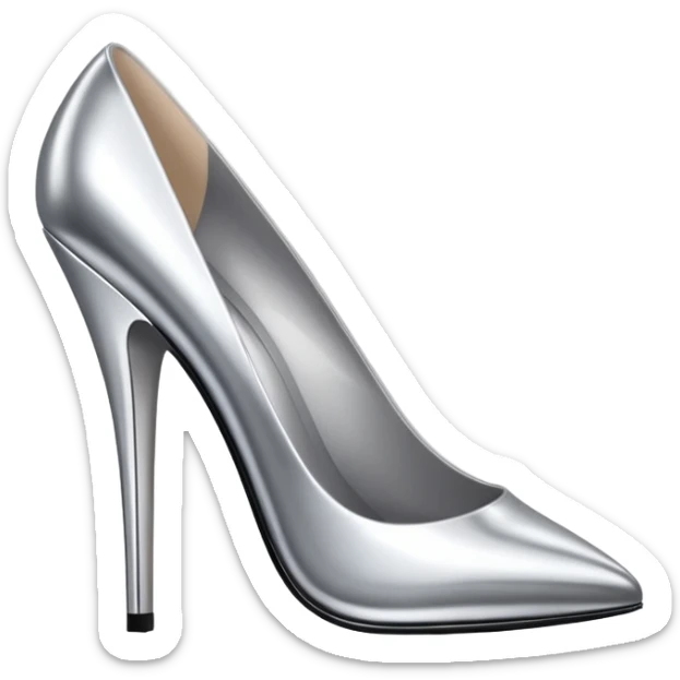 A pair of high heel shoes emoji made of polished silver chrome, elegant sharp silhouette, smooth metallic surface, glossy reflections, luxury sexy vibe, minimalistic iOS emoji style, centered, clean white background sticker