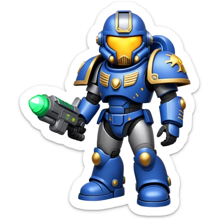 Clash of Clans aesthetic: Cinematic Playful Space Marine Hero Emoji, rendered in a 3D vector-style similar to standard emojis with minimal shading and bold, simplified shapes. A compact, heroic isometric figure clad in futuristic power armor with signature energy accents, softly glowing with a cosmic battle charm. Simplified yet unmistakably iconic, highly detailed and consistent, glowing with a soft radiant shine and high gloss. Stylized with a touch of interstellar valor and a soft glowing outline, capturing the essence of an elite space warrior with a friendly, playful manner! sticker