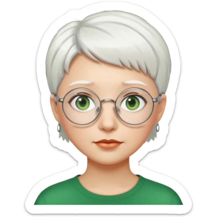visage femme a lunettes ronde avec cheveux courts blancs aux yeux verts sticker