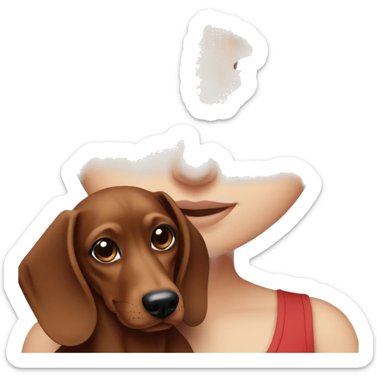 White girl with straight brown hair and blue eyes holding a red dachshund  sticker
