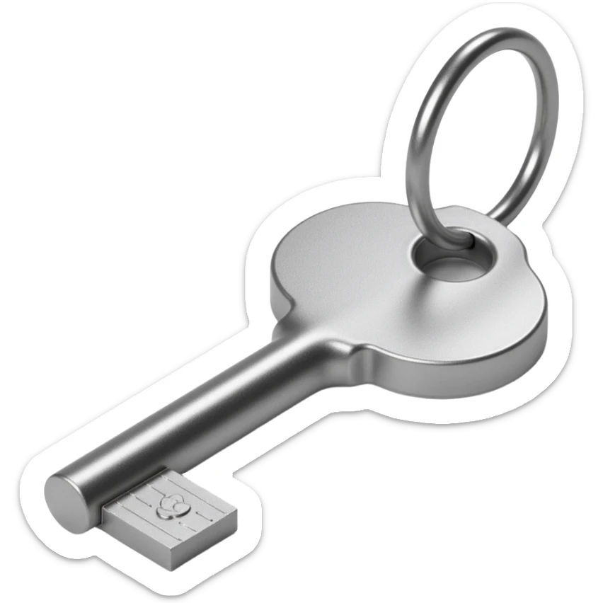 shiny metallic key icon, skeuomorphism style, detailed, reflective metal, realistic texture sticker