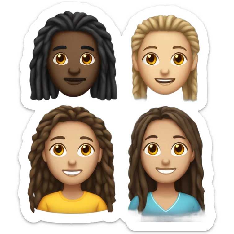 Black athletic male with long dreads, Spanish female with long brunette hair, and while female with brunette hair sticker