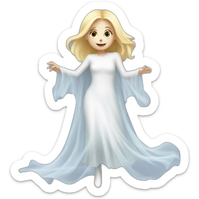 a blondie girl dressed as a ghost who is moving up the floor going to a party sticker