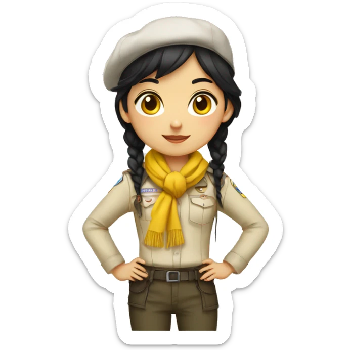 Scout girl with Black hair and brown eyes and a YELLOW knotted scarf and a white shirt with black beret and black pants standing sticker