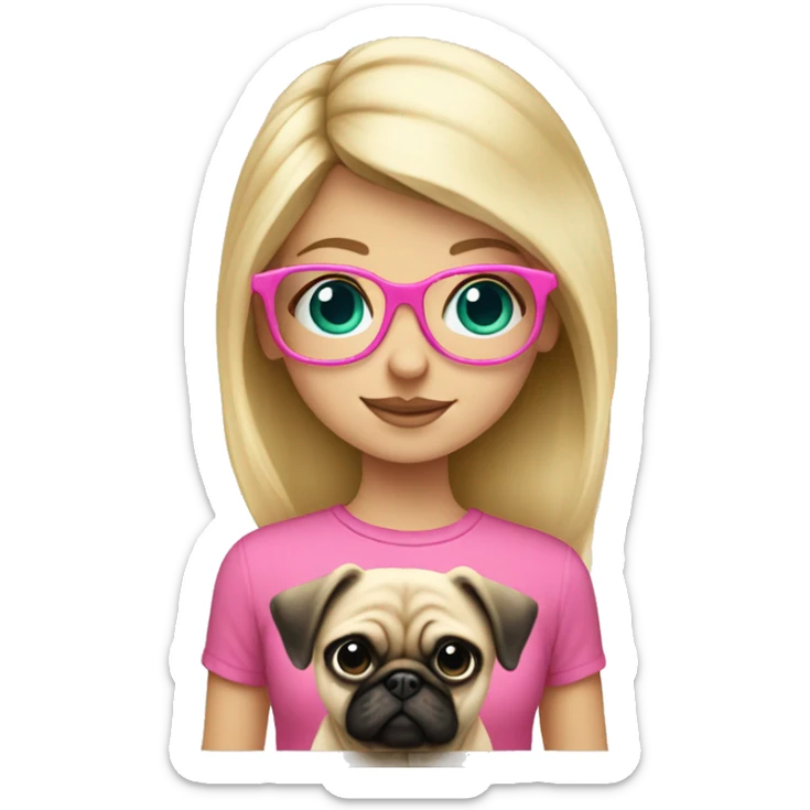 Blond girl who has teal eyes  with pink glasses wearing  a pink shirt holding a pug  sticker
