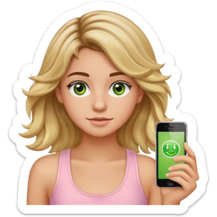 20-year-old girl with long wavy hair brown roots blonde highlights green eyes brown eyebrows good summer tan iPhone emoji style can you make her wear a light pink tank top sticker