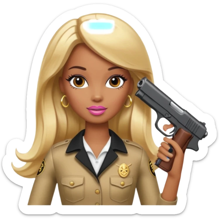 Brown skin blonde hair barbie with black gun sticker