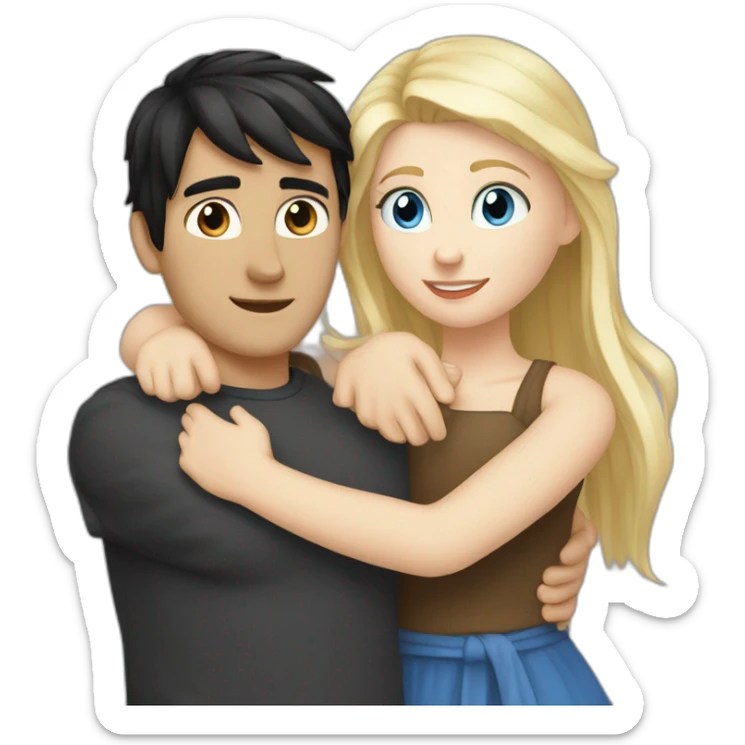 blond white girl with blue eyes hug white boy with black hair with pony-tail sticker