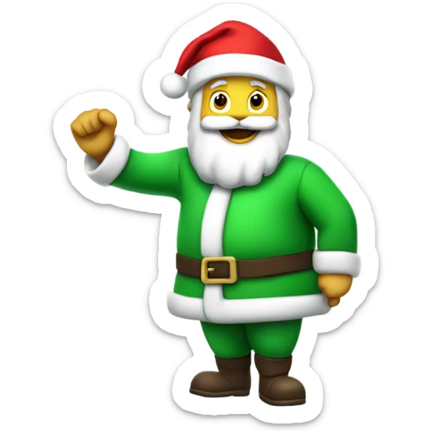 Santa Claus in a green suit and green hat waving with his left hand holding a red sack over his right shoulder sticker