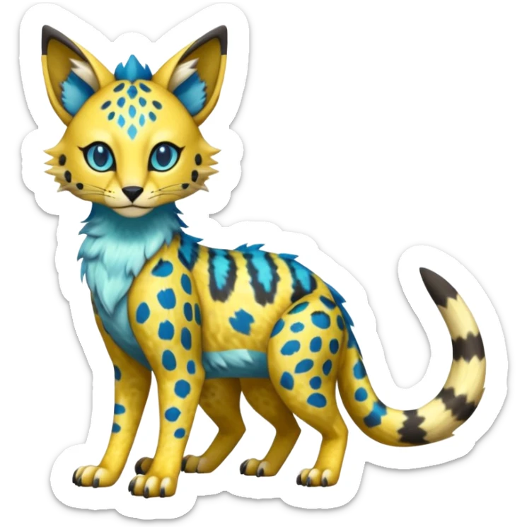 Colorful Golden Gold Shiny Lombax-Sergal-Vernid-Trico-Serval-Civet-Genet-Pokémon-Digimon-Fakémon-fusion-hybrid-creature with Cyan stripes and blue leopard-spot-markings  sticker