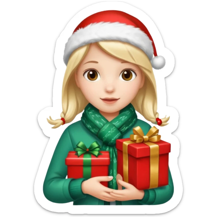 a girl wearing a chirstmas jacket and scarf and holding a christmas gift sticker
