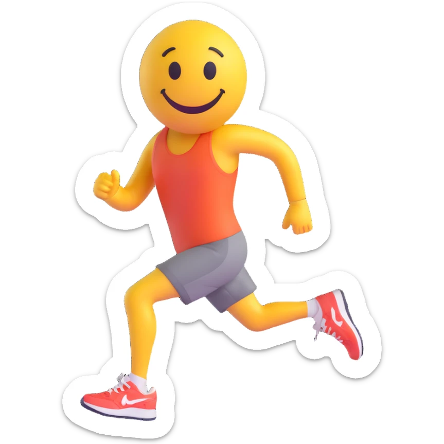 3D smiley emoji, round shape, wearing running shoes and race number, sporty face sticker