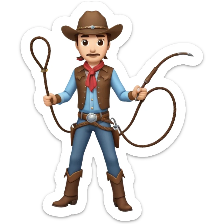cowboy man holding a whip, dynamic pose, western outfit, adventure vibe, 3D cartoon, mobile game icon style, clean background, no text, no watermark
 sticker