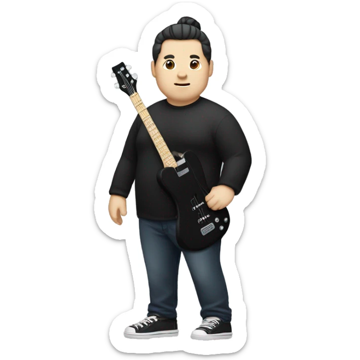 chubby chinese guy with fair skin and man bun and black shirt and bass guitar sticker