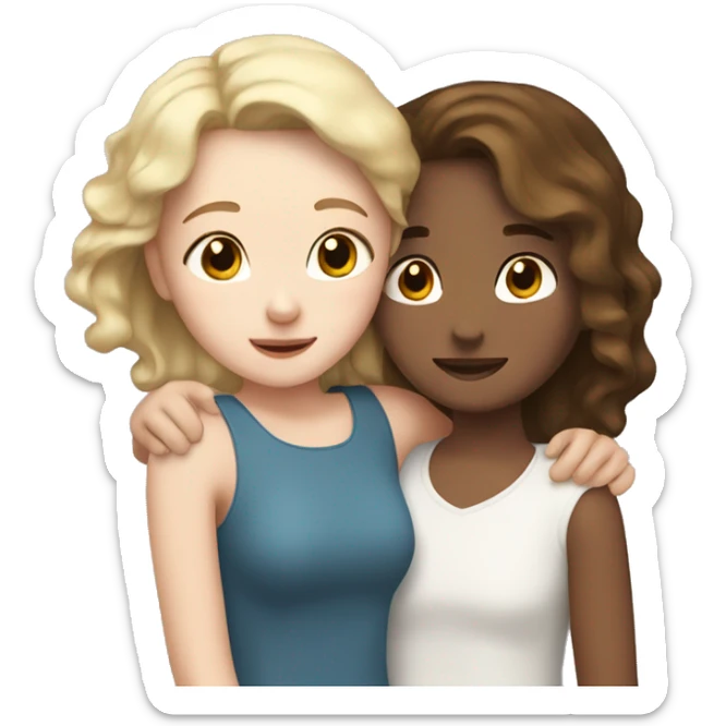 Adult girl with white skin and blond short straight hair hugging teenage girl with white skin and brown wavy hair sticker