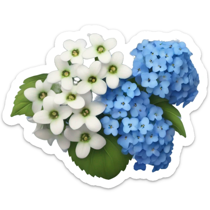 extremely detailed bouquet of baby breaths, delphiniums, forget me nots, and blue hydrangeas  sticker