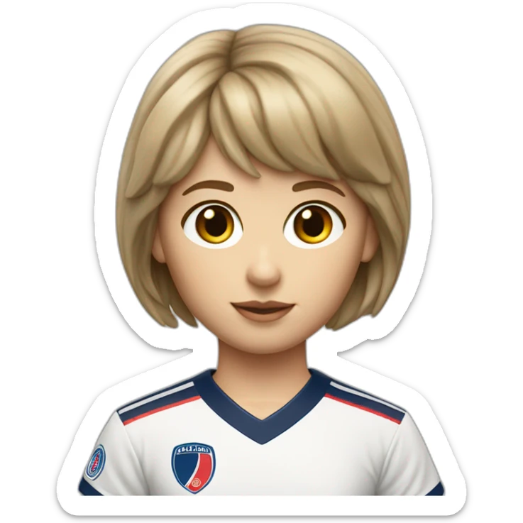 Short dark blond hair fringe girl, with grey eyes, a 1980 PSG jersey and a baguette sticker
