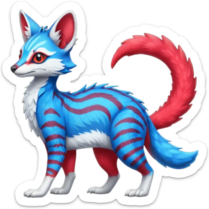 Feral Rare Fantasy vibrant cyan-cobalt-blue-crimson-red-gradients-colored colorful Vernid-Sergal-Genet-Trico-species by LiLaiRa, random markings, tufted tail, tufted ears, full body sticker