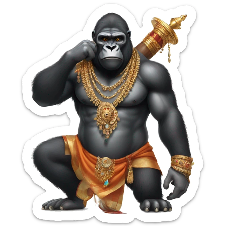 male gorilla with indian male jewellery and  indian traditional wear, holding a  huge weapon, humanoid, holding another  huge weapon  sticker