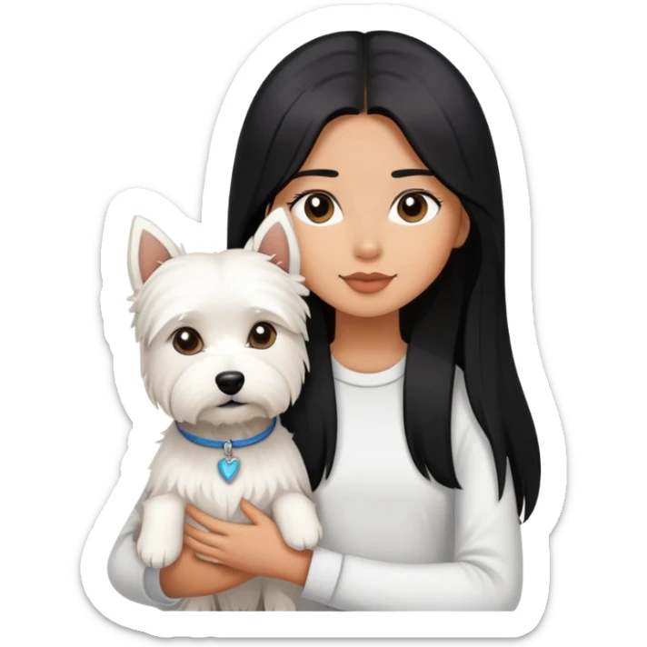 A girl with long straight black hair holding a white Westie sticker