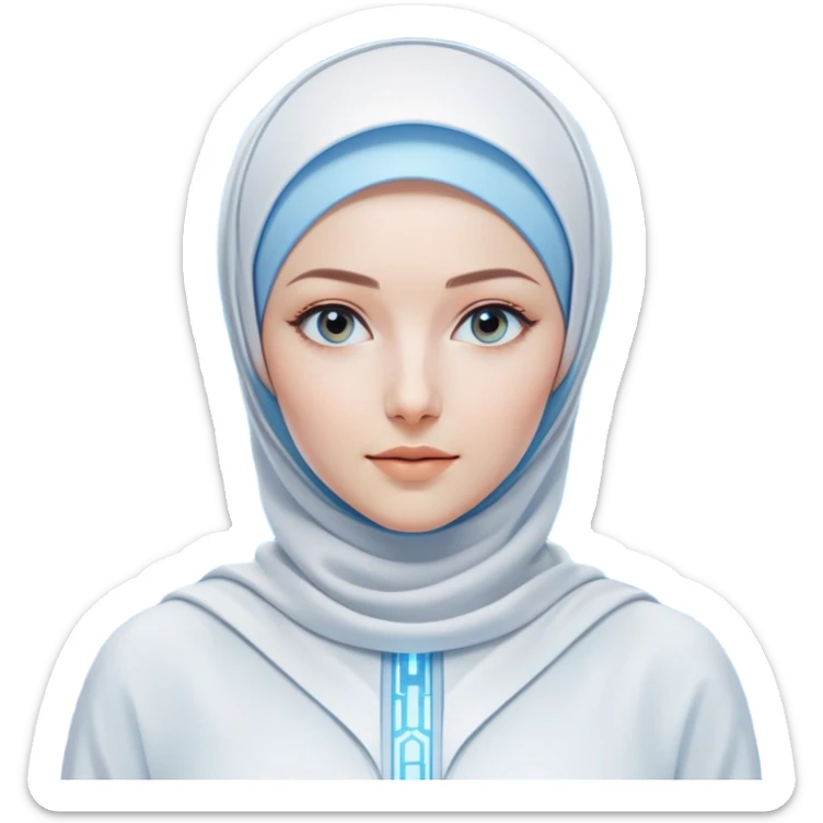 woman with white hijab wearing blue outfit, looking straight ahead, surrounded by futuristic screens showing advanced holographic interfaces, AI visualizations, quantum data patterns, circuit networks, high-tech metaverse elements sticker