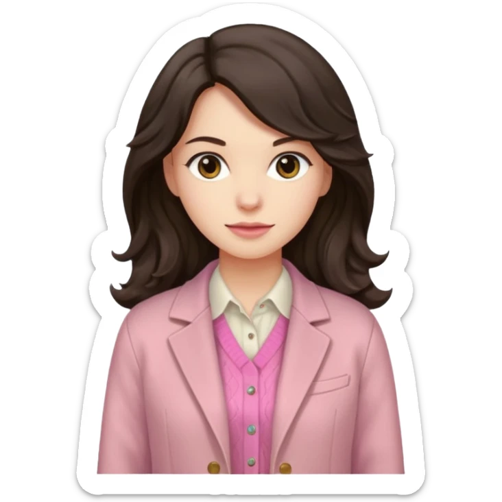 Portrait of woman with dark long wavy hair in white shirt, pink sweater and beige jacket sticker