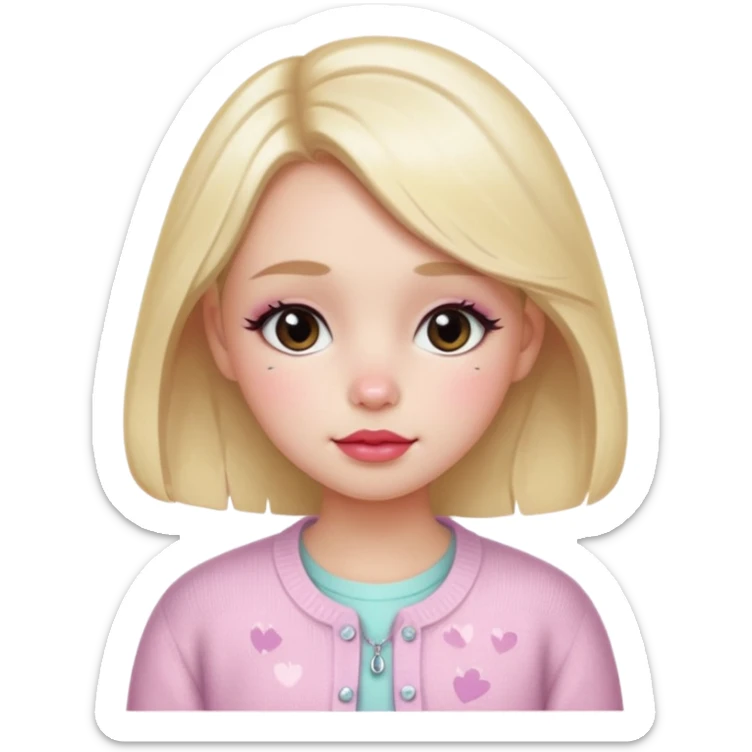 “Emoji girl, dewy skin, flushed blush across cheeks and nose, glossy cherry lips, soft puppy eyeliner, slightly teary sparkling eyes, wearing pastel cardigan.” sticker