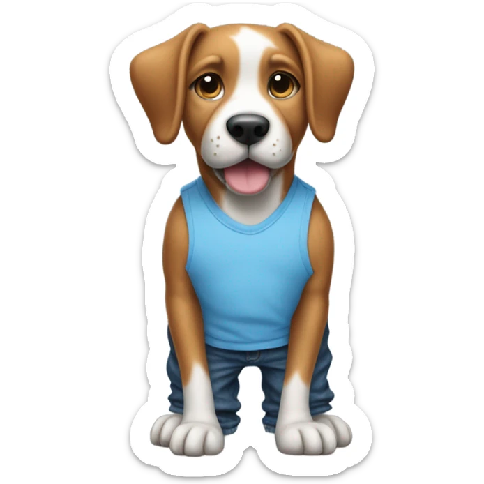 Dog standing up with a blueish tank-top and blue baggy jeans sticker