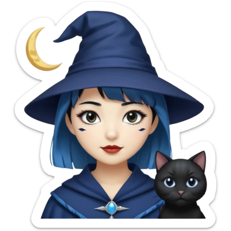 an asian short haired girl with light blue highlighted short raven hair with bangs, with her silver left eye and dark brown right eye, with black cat eyed style eyeliner, and smirk of natural toned lipstick, with dark navy wizard hat with moon emblem on his hat. sticker