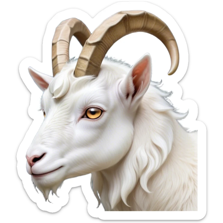 Cinematic Noble White Goat Portrait Emoji, Poised and regal, with a sturdy, agile build and a pristine, smooth white fur accented by gracefully curved horns, deep-set soulful dark eyes, Simplified yet sharp and sophisticated features, highly detailed, glowing with a soft, dignified glow, high shine, intelligent and spirited, stylized with an air of pastoral elegance, focused and attentive, soft glowing outline, capturing the essence of a watchful and confident goat, so majestic it feels as though it could leap out of the screen with effortless authority! sticker
